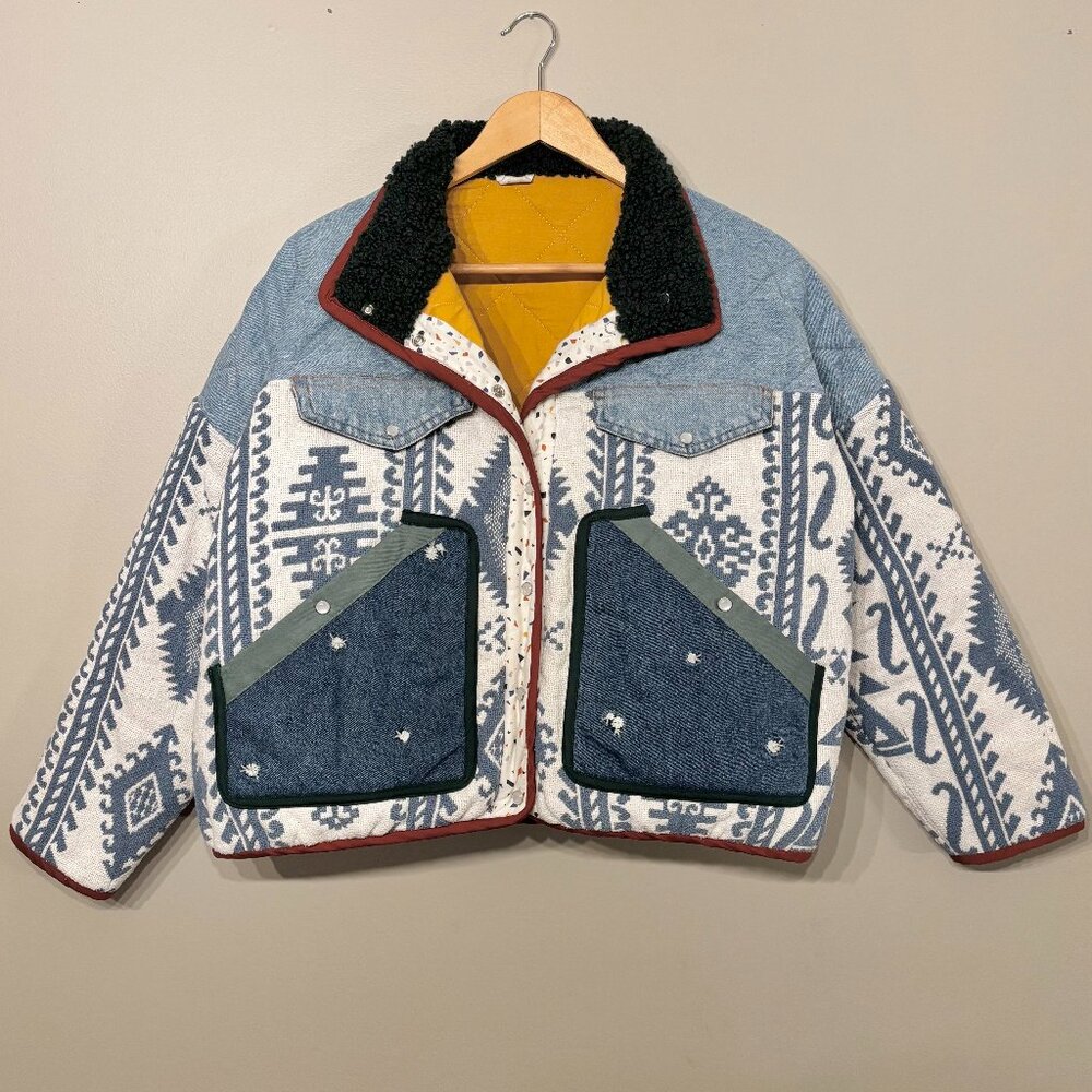 Handmade Tapestry Blanket Jacket Coat Small Blue Jean Denim Boxy